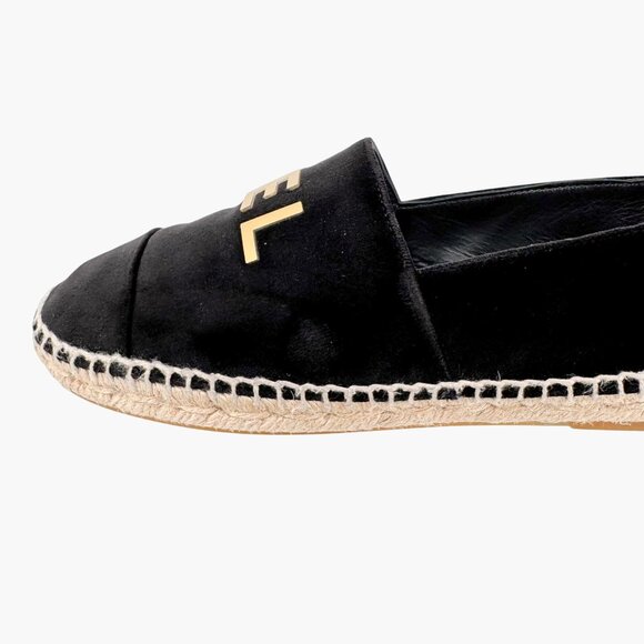 Chanel Logo Espadrilles EU 37 US 6-6.5 Black Velvet Rope Sole Slip On Flat Shoe - Picture 9 of 14